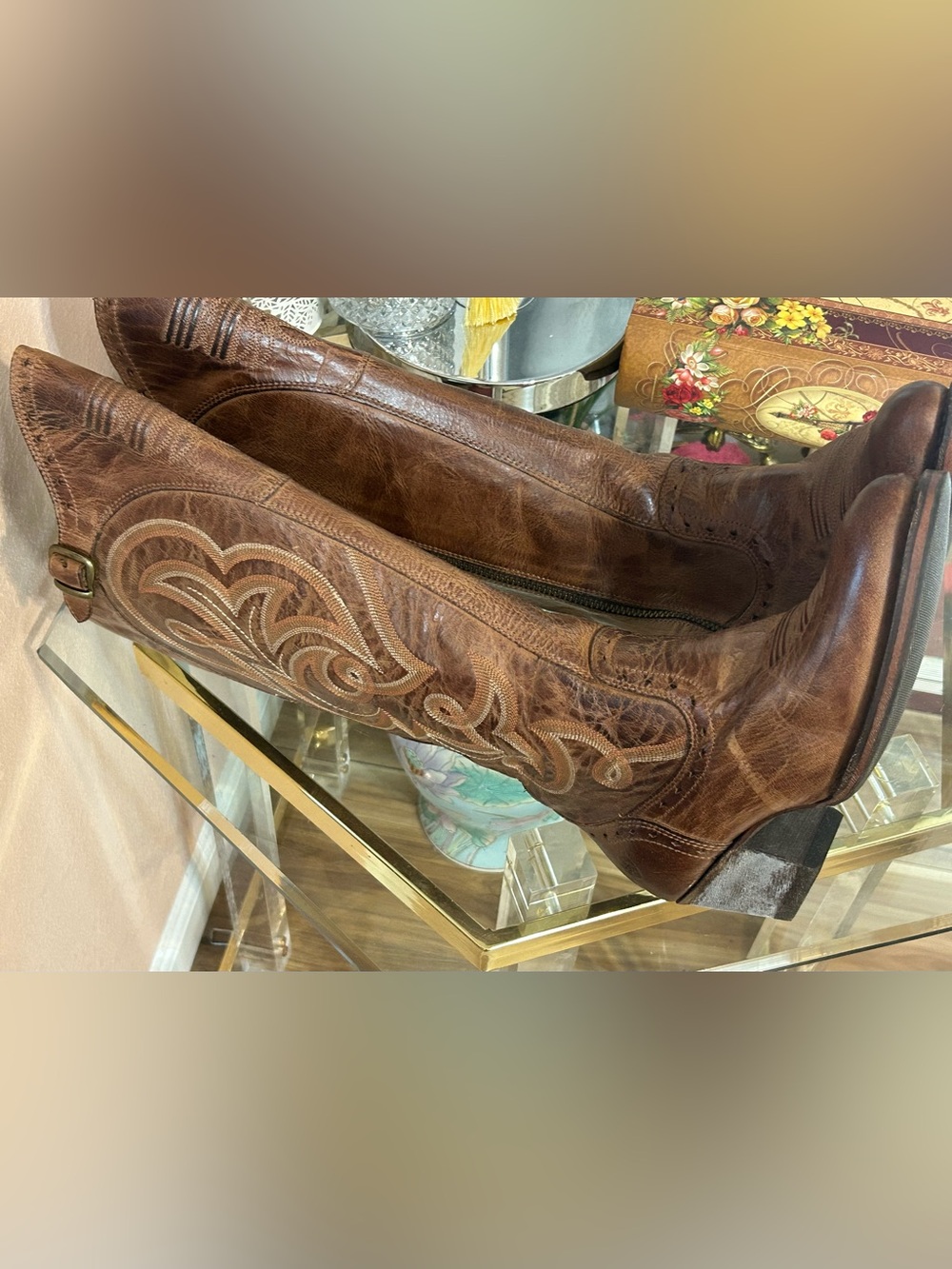 Ariat Distressed Brown Embroidered Leather Western Heeled Zipper Boots Size 7 - Picture 11 of 16